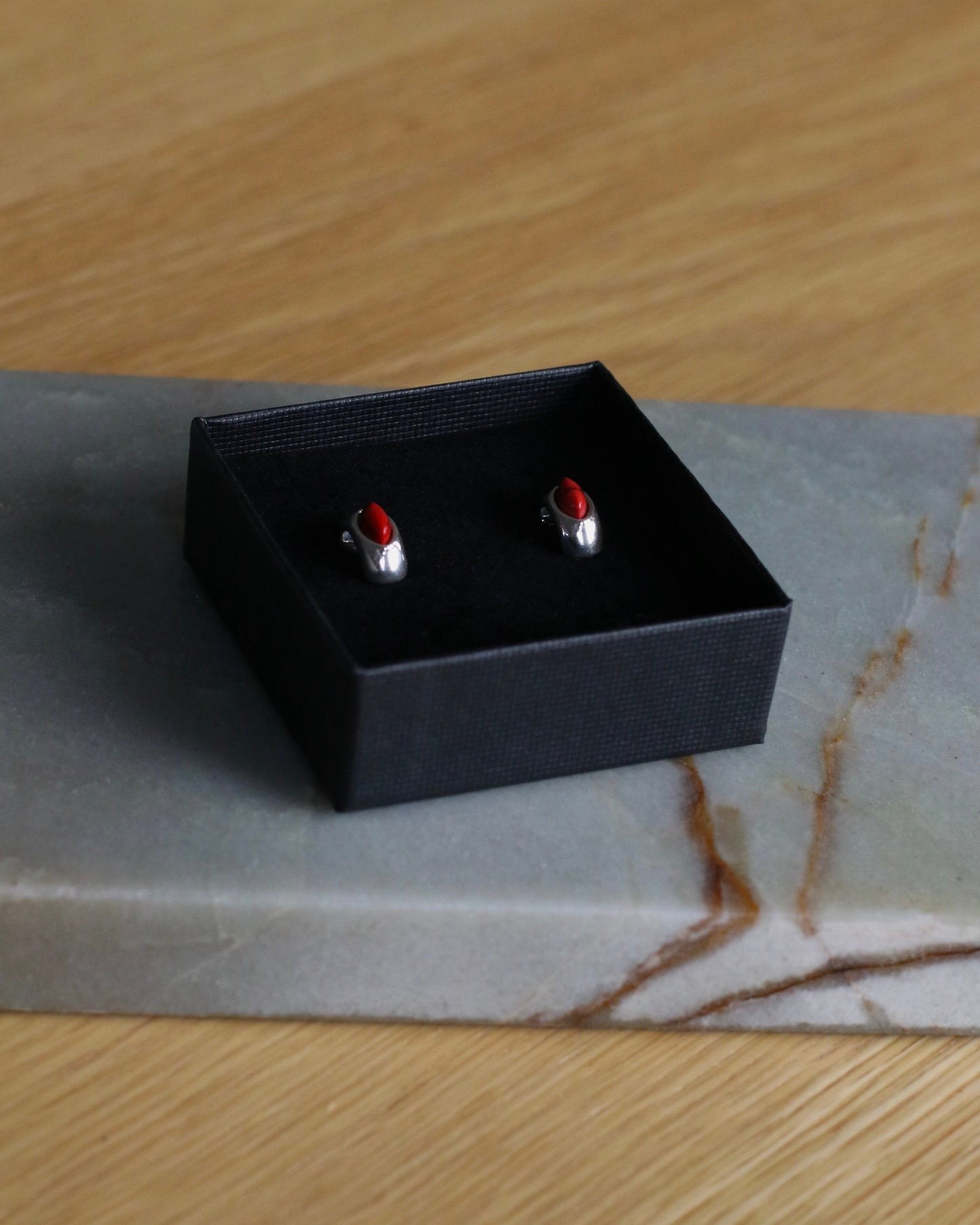 Silver Huggies With Red Coral