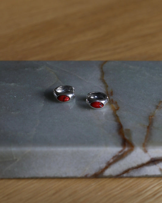 Silver Huggies With Red Coral